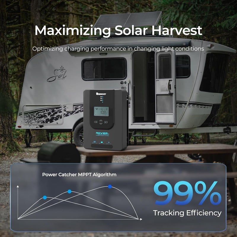 Renogy وحدة تحكم شحن Rover 12V/24V 20A مع MPPT - وحدة تحكم شمسية بمدخل DC للسيارات/البحرية، شاشة LCD قابلة للتعديل تلقائيًا، منظم لوحات شمسية مناسب لبطاريات الجل المغلقة والمغمورة والليثيوم - Image 4